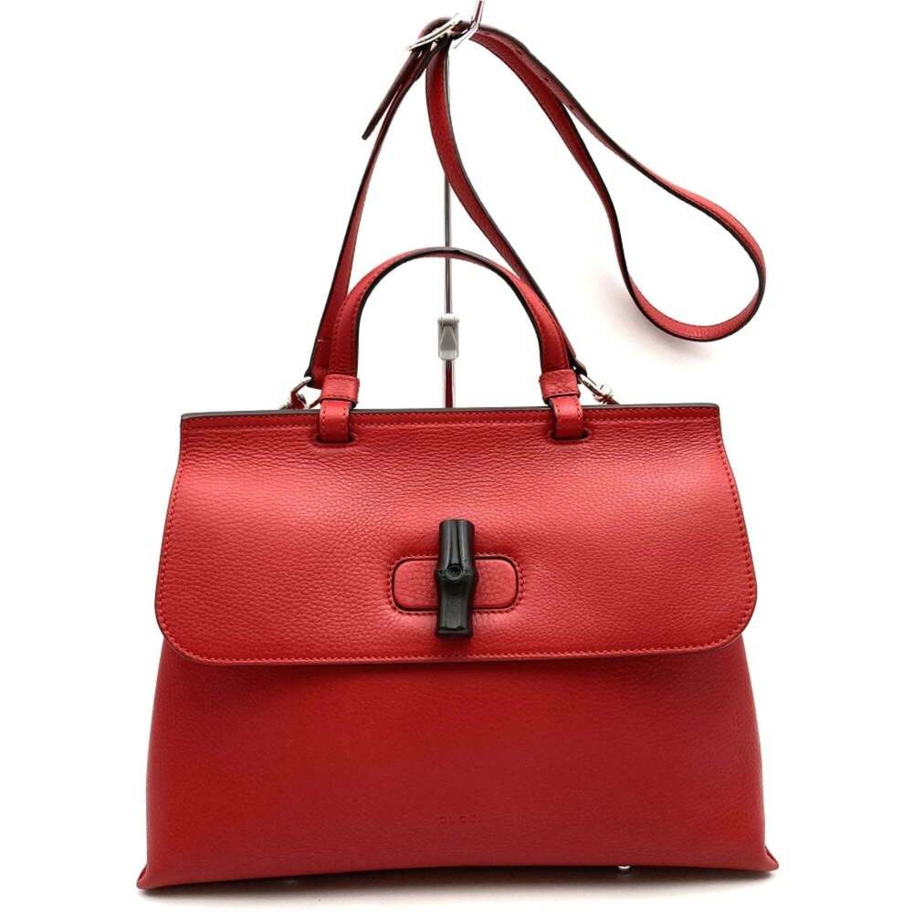 GUCCI Red Leather Bamboo Shoulder Bag - Picture 2 of 8